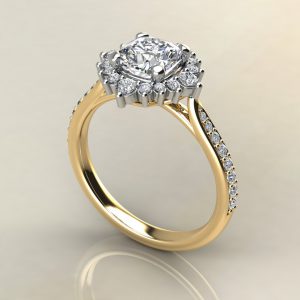 C014 Yellow Gold Graduated Halo Cushion Cut Engagement Ring