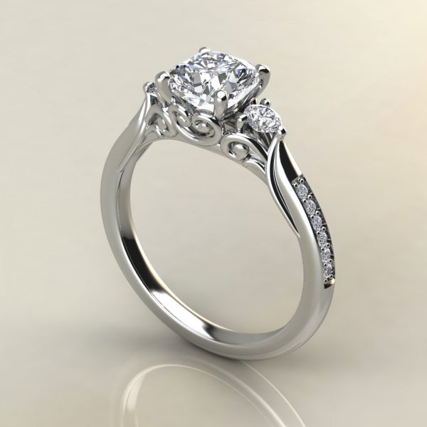 C016 White Gold Vintage 3 Stone Cushion Cut Engagement Ring