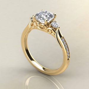 C016 Yellow Gold Vintage 3 Stone Cushion Cut Engagement Ring