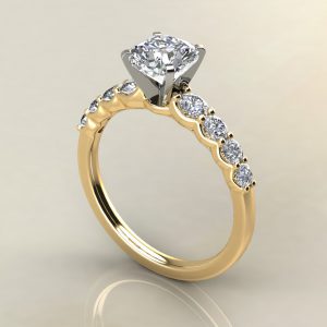 C023 Yellow Gold Graduated Shared Prong Cushion Cut Engagement Ring