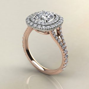 C025 Rose Gold Double Halo Split Shank Cushion Cut Engagement Ring