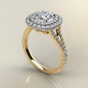 C025 Yellow Gold Double Halo Split Shank Cushion Cut Engagement Ring