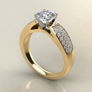 C027 Yellow Gold Wide Band Three Row Cushion Cut Engagement Ring