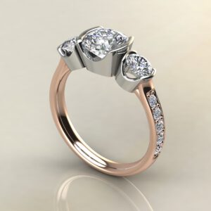 C032 Rose Gold Three Stone Half Bezel Cushion Cut Engagement Ring