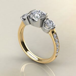C032 Yellow Gold Three Stone Half Bezel Cushion Cut Engagement Ring