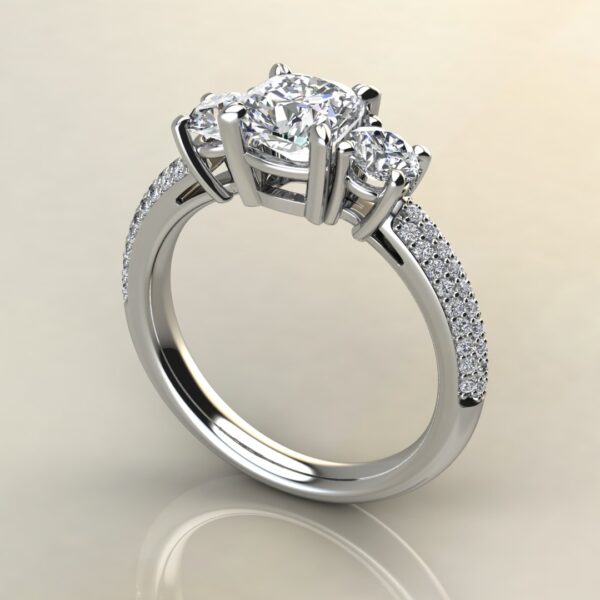 C040 White Gold Three Stone Micro Pave Cushion Cut Engagement Ring