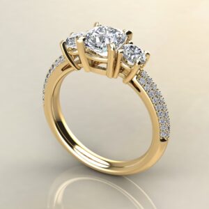 C040 Yellow Gold Three Stone Micro Pave Cushion Cut Engagement Ring