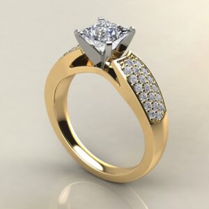 P027 Yellow Gold Wide Band Three Row Princess Cut Engagement Ring
