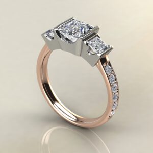 P032 Rose Gold Three Stone Half Bezel Princess Cut Engagement Ring