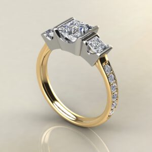 P032 Yellow Gold Three Stone Half Bezel Princess Cut Engagement Ring