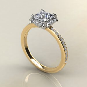 P035 Yellow Gold Floral Halo Princess Cut Engagement Ring