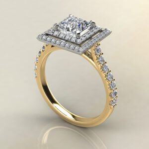 P038 Yellow Gold Double Halo Princess Cut Engagement Ring