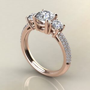 R040 Rose Gold Three Stone Micro Pave Round Cut Engagement Ring