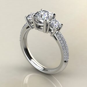 Three Stone Micro Pave Round Cut Moissanite Engagement Ring